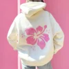 White Oversized Hibiscus Chenille Embroidered Hoodie