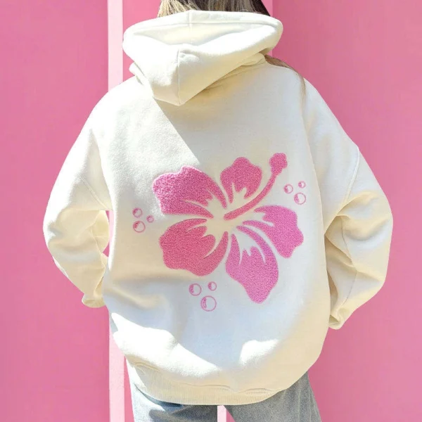 White Oversized Hibiscus Chenille Embroidered Hoodie