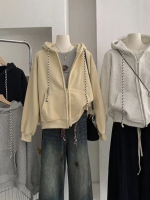 Heather Grey Beige Black Oversized Twisted Drawstring Zip Up Hoodie Heather Grey Beige Black Oversized Twisted Drawstring Zip Up Hoodie