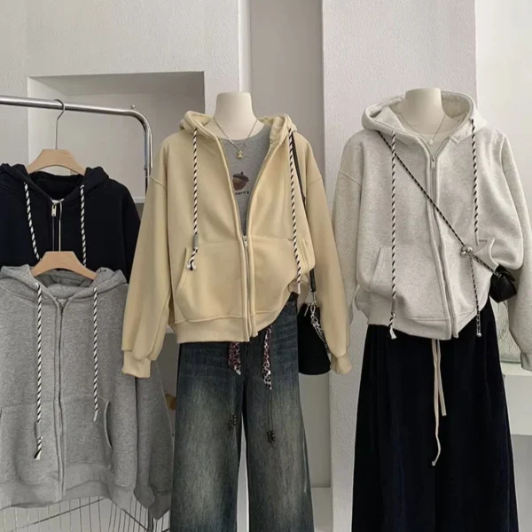 Heather Grey Beige Black Oversized Twisted Drawstring Zip Up Hoodie