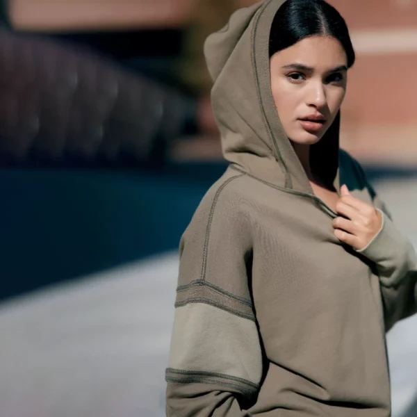 Olive Color-Blocked Exposed-Seam Oversized Hoodie