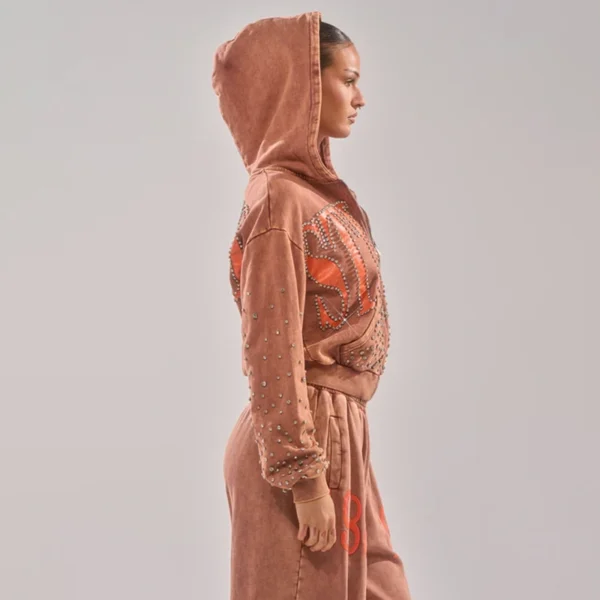 Washed Brown Studded Graphic Cropped Zip-Up Hoodie