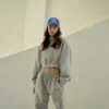 Grey Cropped Embossed Hoodie Tracksuit