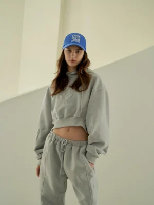 Grey Cropped Embossed Hoodie Tracksuit