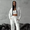 Womens White Cropped Zip Up Hoodie Set