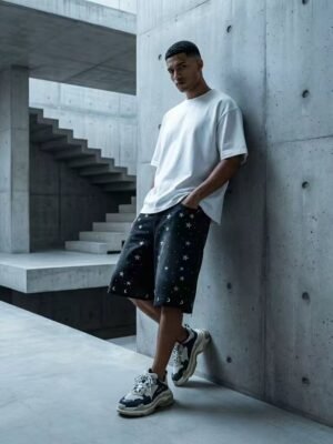 Rhinestone Star Moon Denim Jorts Streetwear