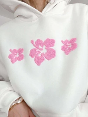 White Oversized Hibiscus Chenille Embroidered Hoodie