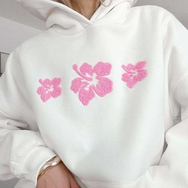 White Oversized Hibiscus Chenille Embroidered Hoodie