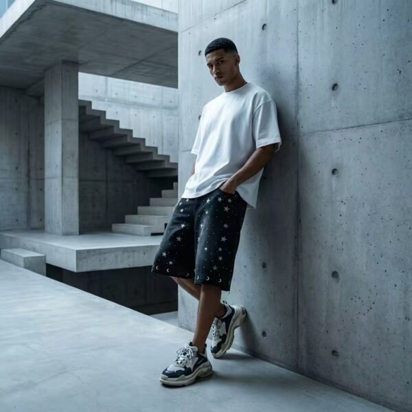 Rhinestone Star Moon Denim Jorts Streetwear