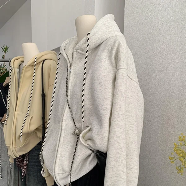 Heather Grey Beige Black Oversized Twisted Drawstring Zip Up Hoodie