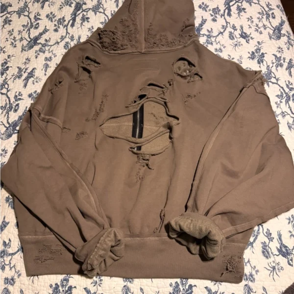 Brown Extreme Distressed Oversized Zip-Up Hoodie Brown Extreme Distressed Oversized Zip-Up Hoodie