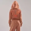 Washed Brown Studded Graphic Cropped Zip-Up Hoodie