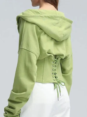 Green Black Beige Corset Waist Lace Up Hoodie
