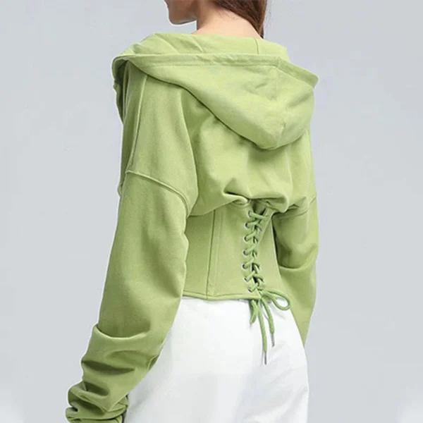 Green Black Beige Corset Waist Lace Up Hoodie