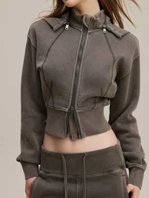 Dark Grey Acid Wash Cropped Zip Up Hoodie