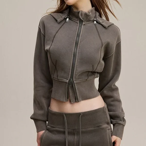 Dark Grey Acid Wash Cropped Zip Up Hoodie