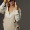 Beige Two-Tone Deep V-Neck Oversized Hoodie