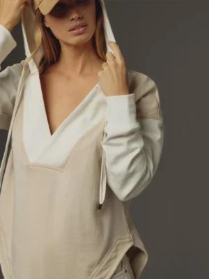Beige Two-Tone Deep V-Neck Oversized Hoodie