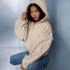 Beige Ribbon-Embellished Cropped Zip-Up Hoodie