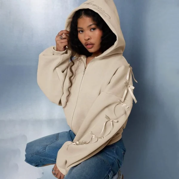 Beige Ribbon-Embellished Cropped Zip-Up Hoodie