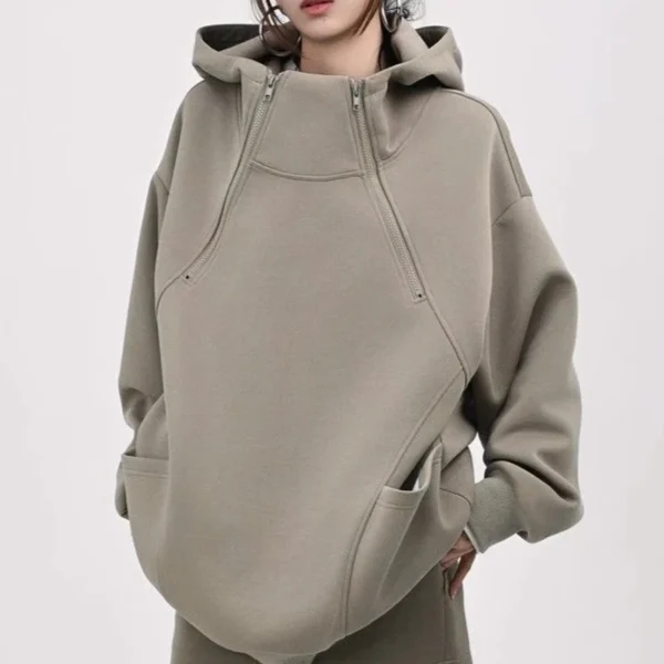 Diagonal Zip High-Neck Oversized Hoodie