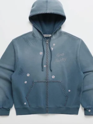 Blue Washed Floral Embroidered Zip-Up Hoodie