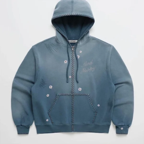 Blue Washed Floral Embroidered Zip-Up Hoodie Blue Washed Floral Embroidered Zip-Up Hoodie