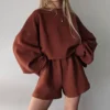 Dark Brown Ribbed Oversized Sweatshirt Shorts Set