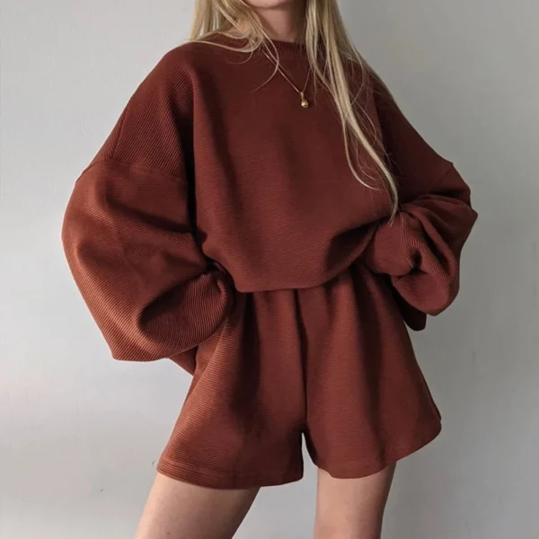 Dark Brown Ribbed Oversized Sweatshirt Shorts Set Dark Brown Ribbed Oversized Sweatshirt Shorts Set
