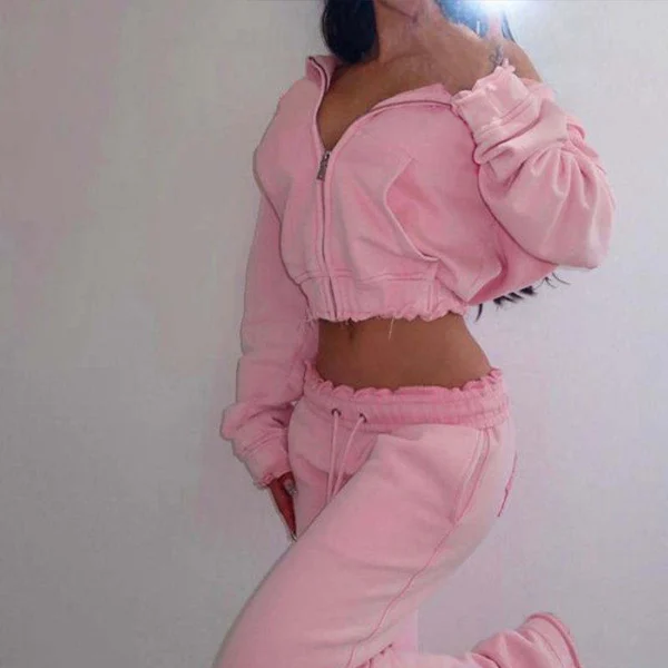Womens Pink Raw Hem Cropped Zip Hoodie Set