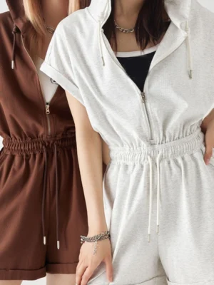 Brown Grey Oversized Hooded Zip Up Romper