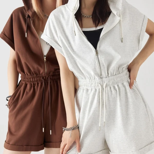 Brown Grey Oversized Hooded Zip Up Romper