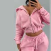 Womens Pink Raw Hem Cropped Zip Hoodie Set