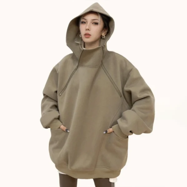Diagonal Zip High-Neck Oversized Hoodie