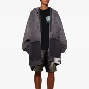 Grey Washed Distressed Oversized Zip-Up Hoodie