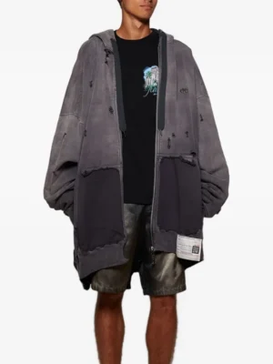 Grey Washed Distressed Oversized Zip-Up Hoodie