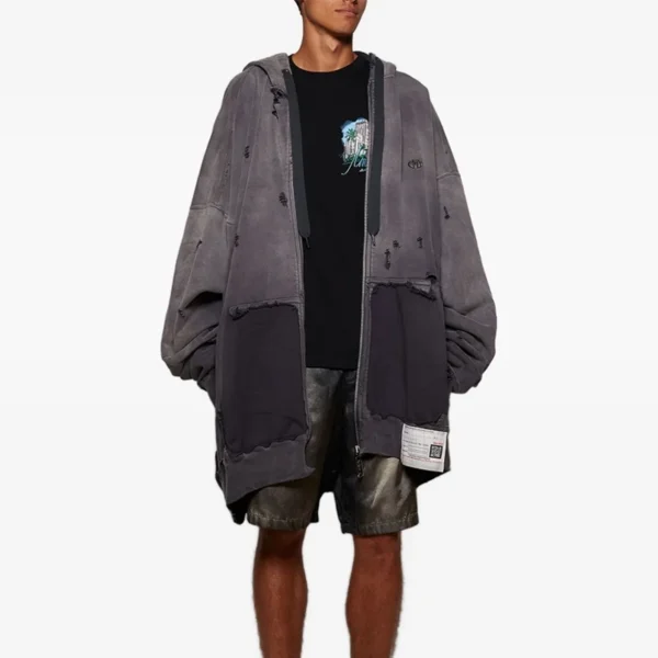 Grey Washed Distressed Oversized Zip-Up Hoodie Grey Washed Distressed Oversized Zip-Up Hoodie