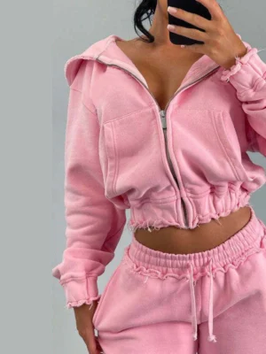 Womens Pink Raw Hem Cropped Zip Hoodie Set