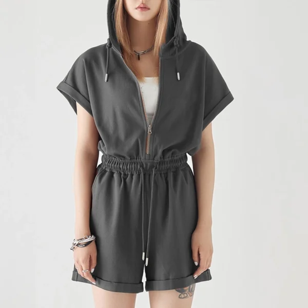 Brown Grey Oversized Hooded Zip Up Romper
