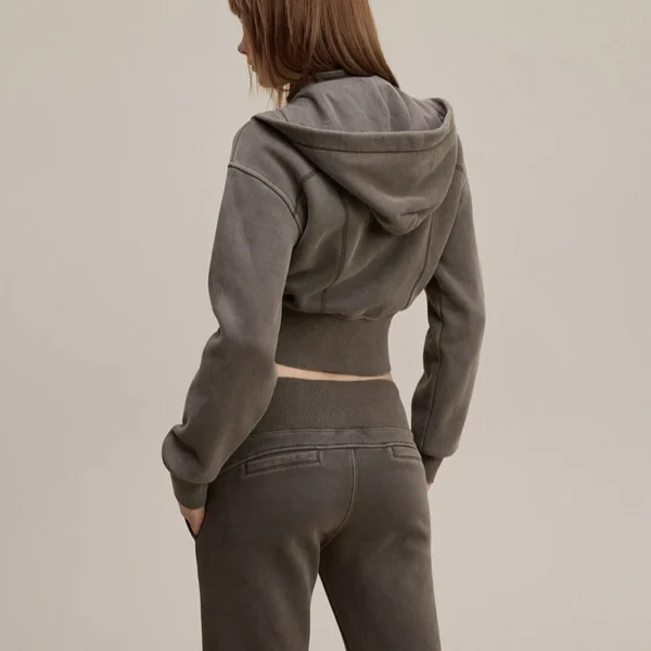 Dark Grey Acid Wash Cropped Zip Up Hoodie