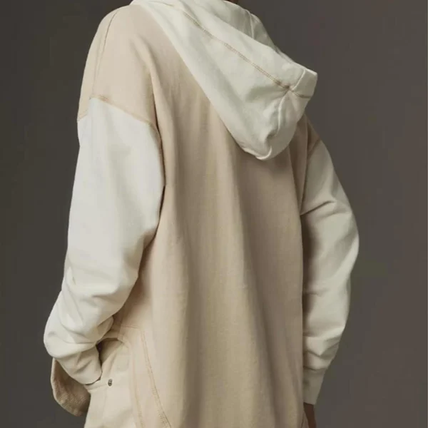 Beige Two-Tone Deep V-Neck Oversized Hoodie