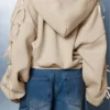 Beige Ribbon-Embellished Cropped Zip-Up Hoodie