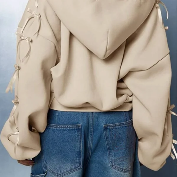 Beige Ribbon-Embellished Cropped Zip-Up Hoodie