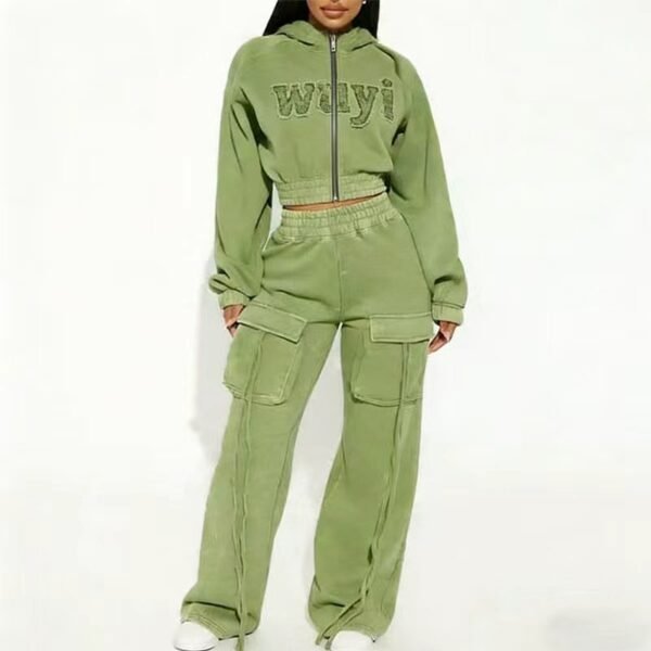Green Acid Wash Cropped Hoodie Cargo Tracksuit Green Acid Wash Cropped Hoodie Cargo Tracksuit
