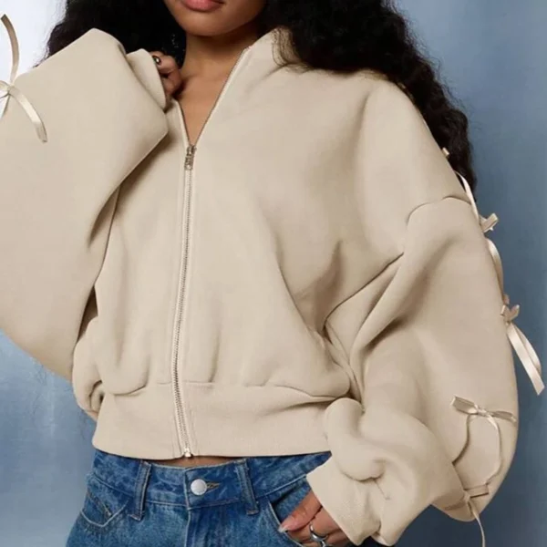 Beige Ribbon-Embellished Cropped Zip-Up Hoodie