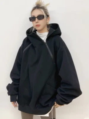 Diagonal Zip High-Neck Oversized Hoodie