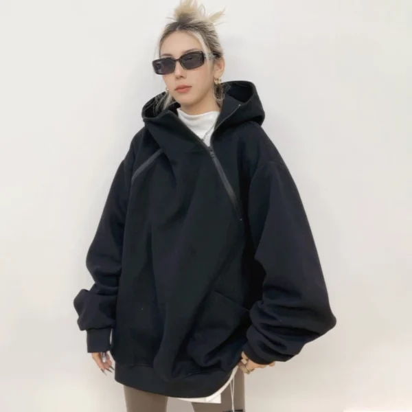 Diagonal Zip High-Neck Oversized Hoodie