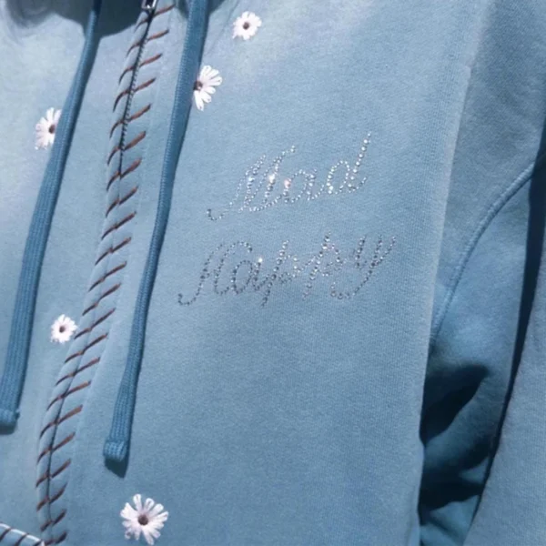 Blue Washed Floral Embroidered Zip-Up Hoodie Blue Washed Floral Embroidered Zip-Up Hoodie