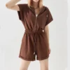 Brown Grey Oversized Hooded Zip Up Romper