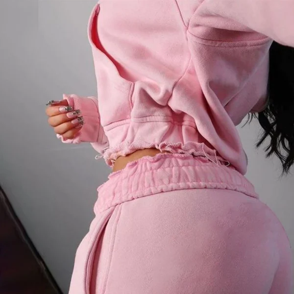 Womens Pink Raw Hem Cropped Zip Hoodie Set